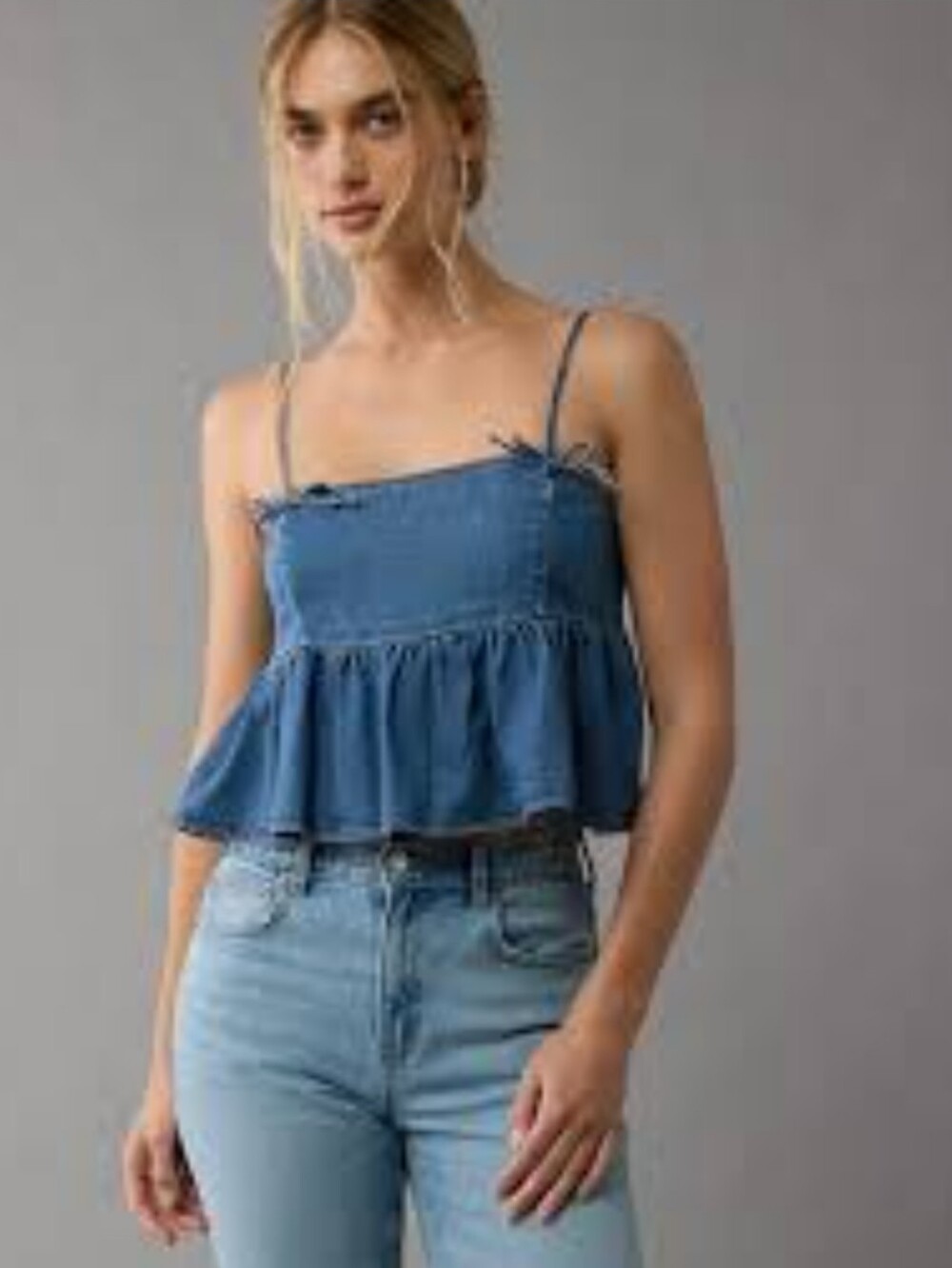 AEO Denim Bow-Detail Spaghetti Strap Peplum Top - Size M - Picture 2 of 13